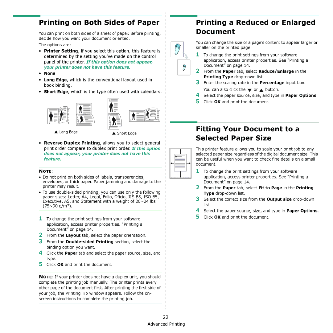 Samsung CLX-8380 manual Printing on Both Sides of Paper, Printing a Reduced or Enlarged Document, None 