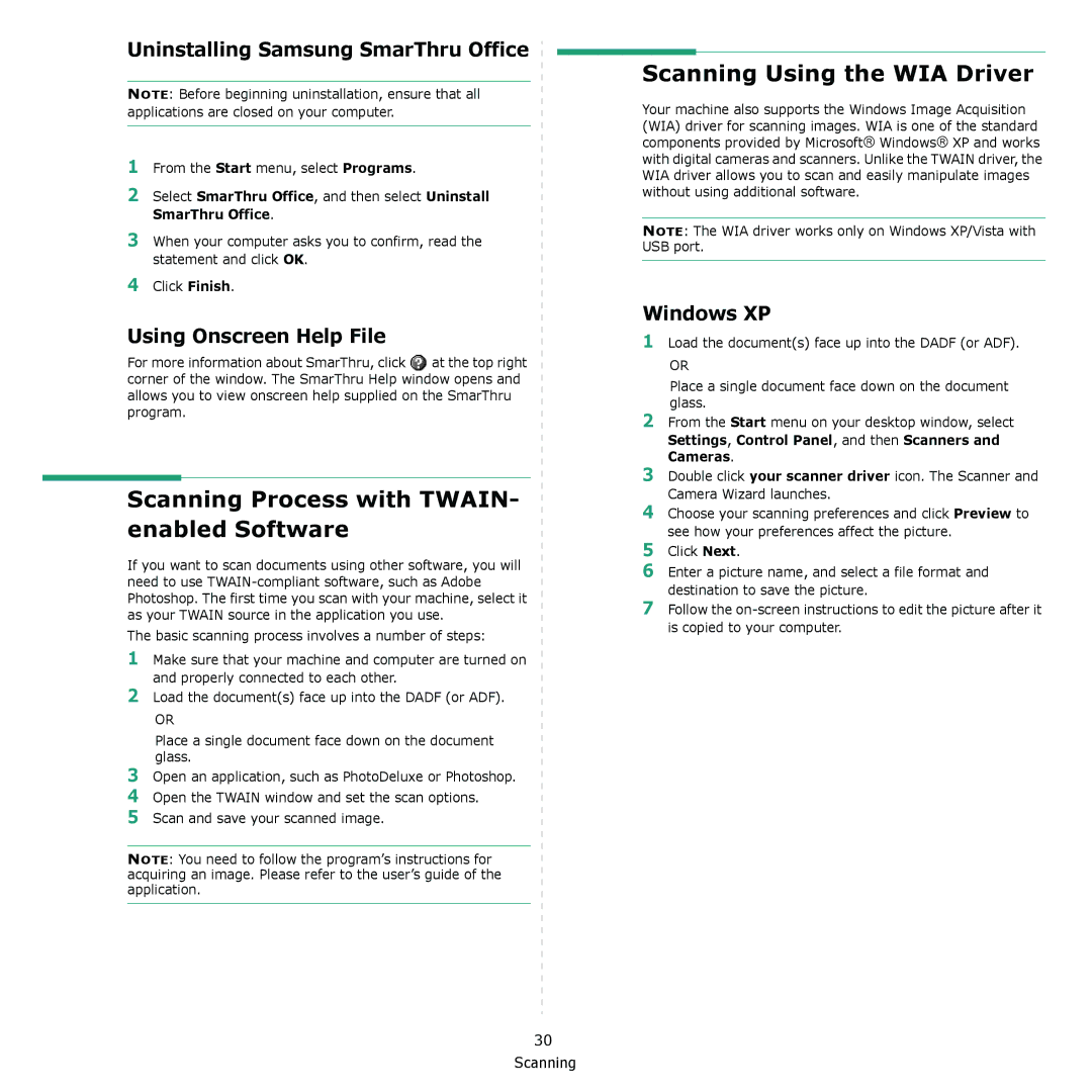 Samsung CLX-8380 Scanning Process with TWAIN- enabled Software, Scanning Using the WIA Driver, Using Onscreen Help File 