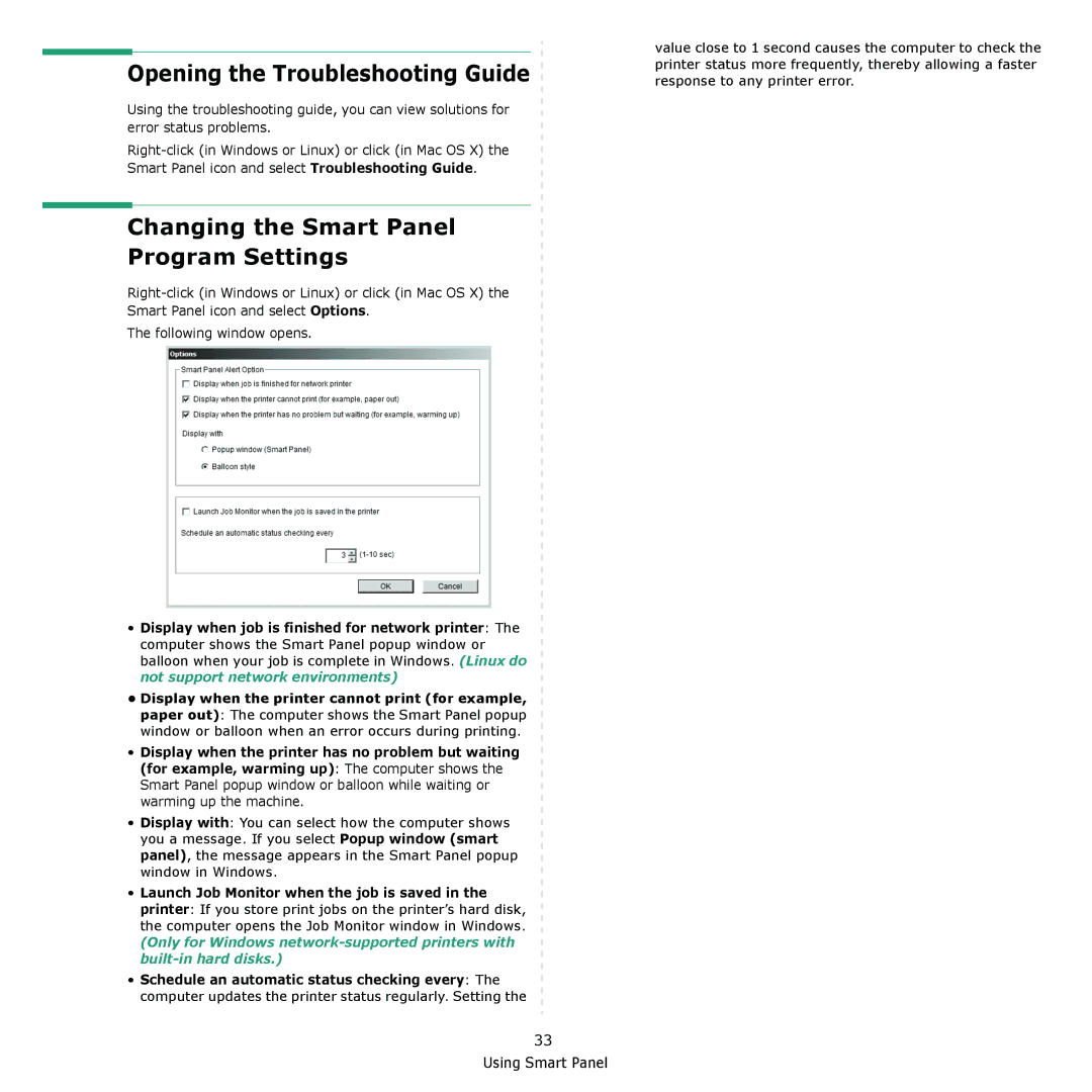 Samsung CLX-8380 manual Opening the Troubleshooting Guide, Changing the Smart Panel Program Settings 