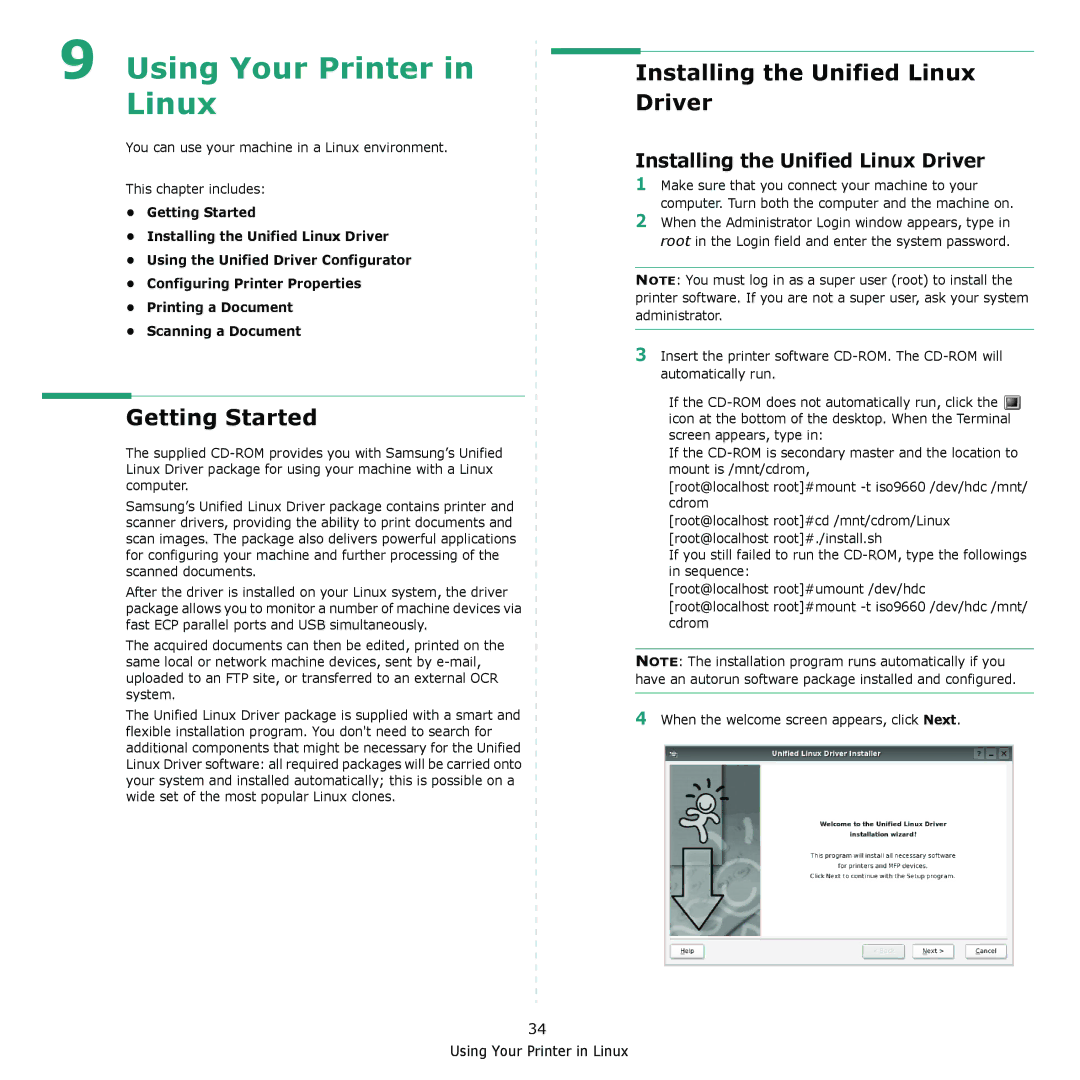 Samsung CLX-8380 manual Getting Started, Installing the Unified Linux Driver 