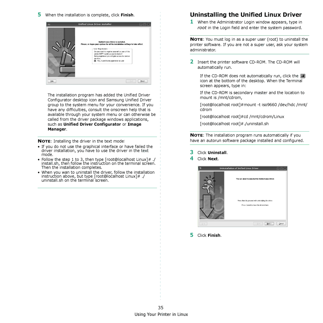 Samsung CLX-8380 manual Uninstalling the Unified Linux Driver, Click Uninstall 