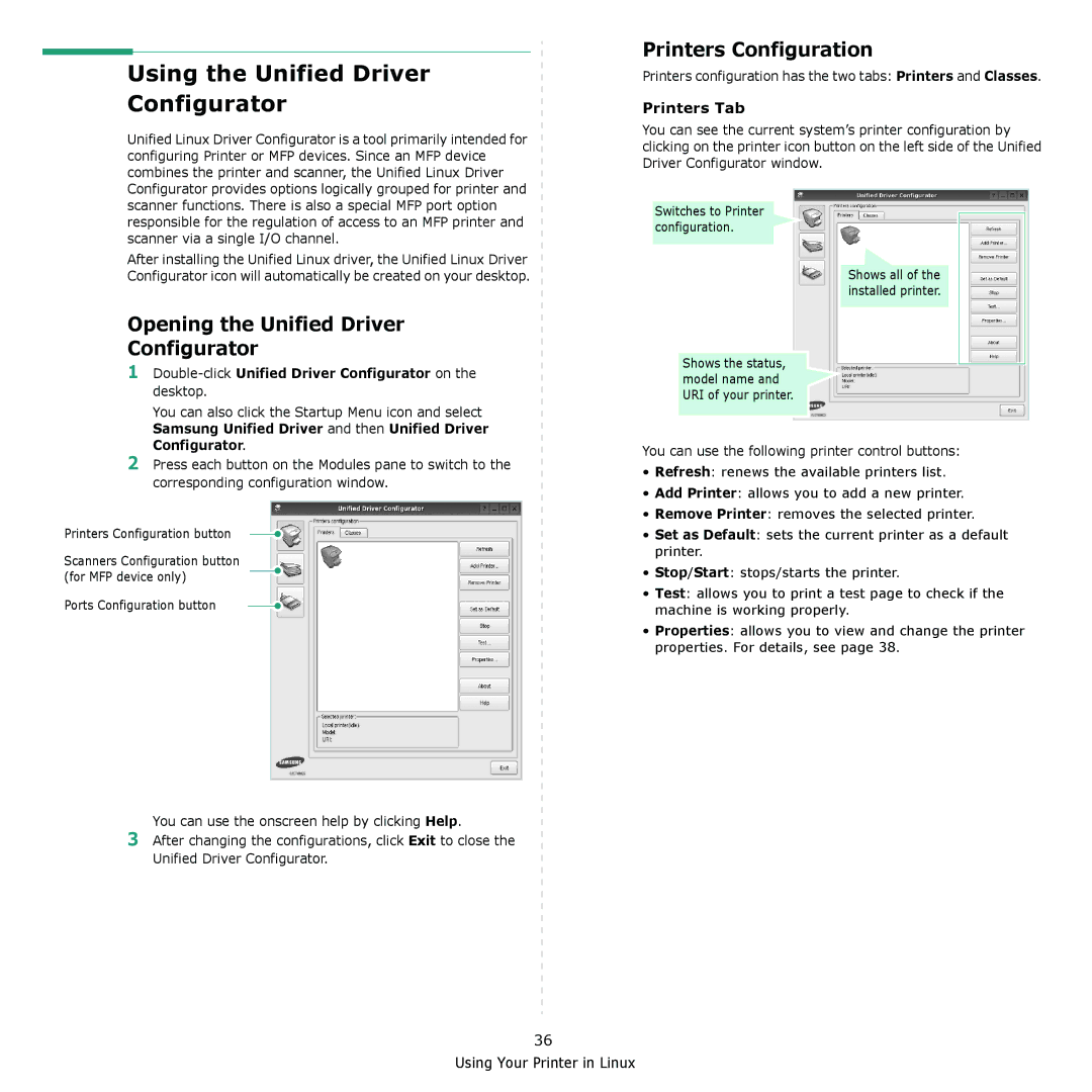 Samsung CLX-8380 Using the Unified Driver Configurator, Printers Configuration, Opening the Unified Driver Configurator 