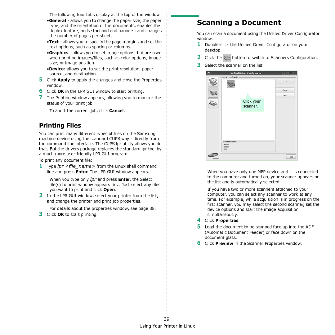 Samsung CLX-8380 manual Scanning a Document, Printing Files, Click Properties 