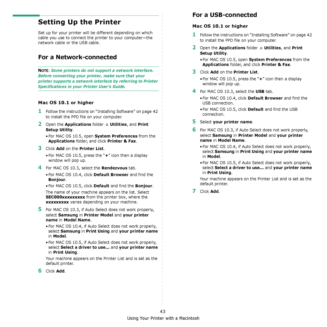 Samsung CLX-8380 manual Setting Up the Printer, For a Network-connected, For a USB-connected, Click Add on the Printer List 