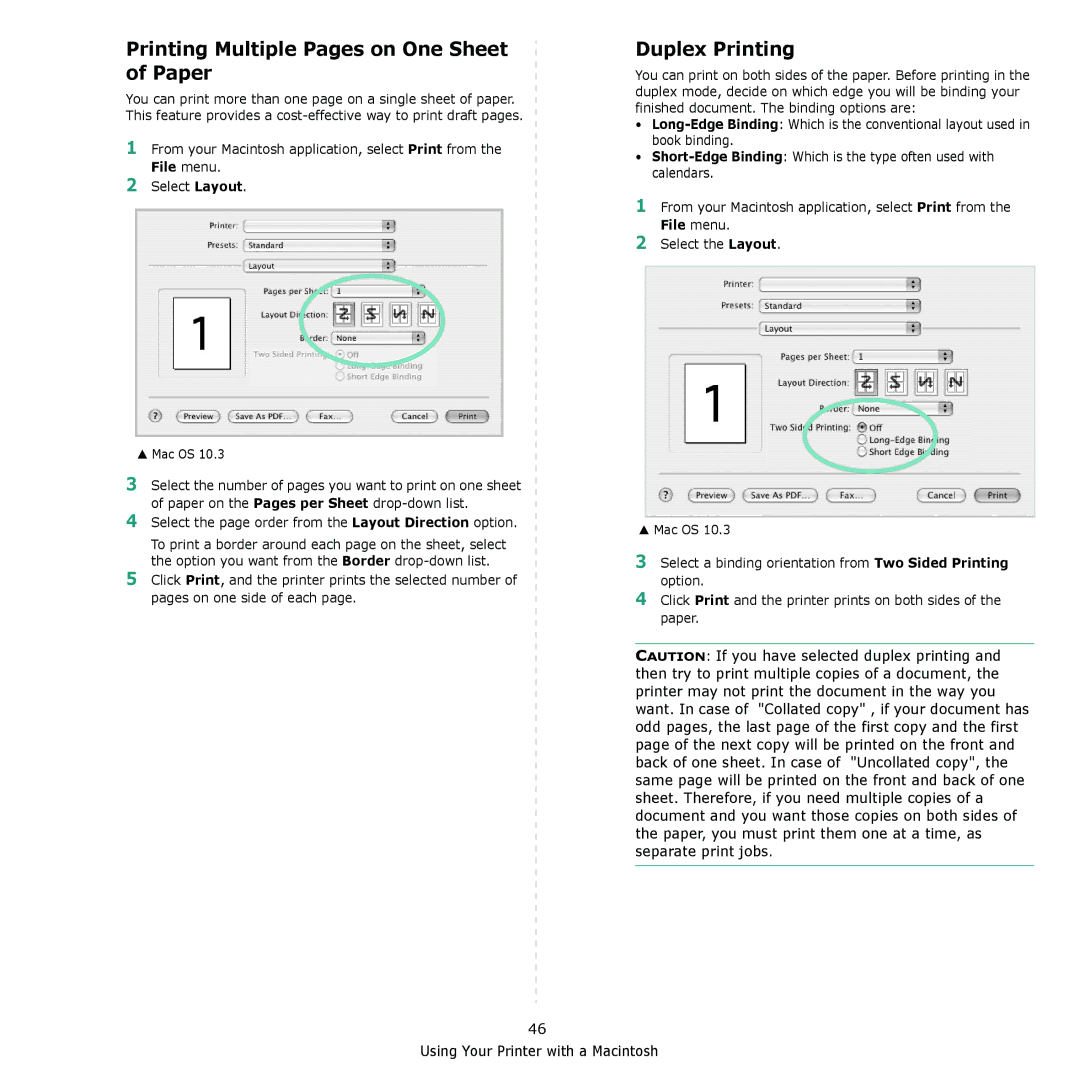 Samsung CLX-8380 manual Printing Multiple Pages on One Sheet of Paper, Duplex Printing 