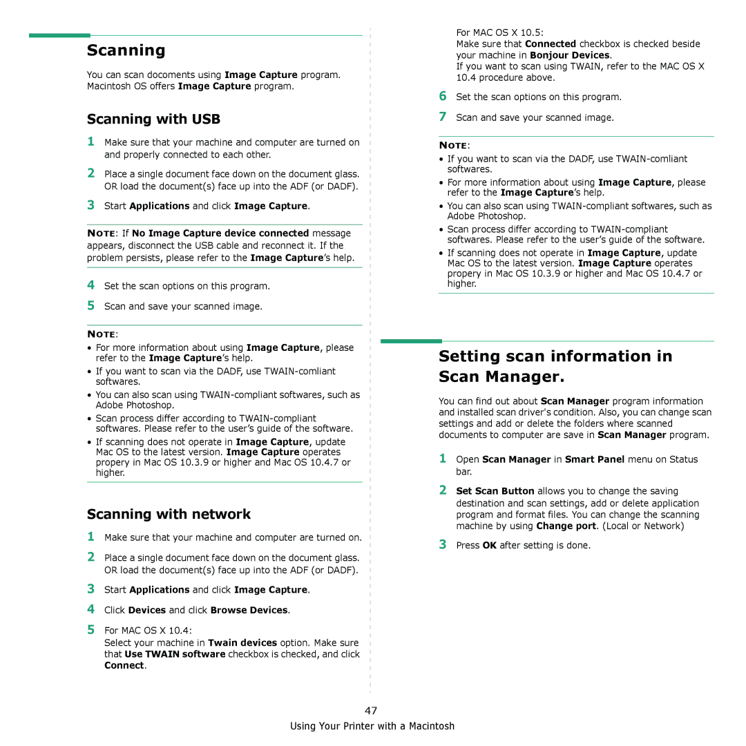 Samsung CLX-8380 manual Setting scan information in Scan Manager, Scanning with USB, Scanning with network 