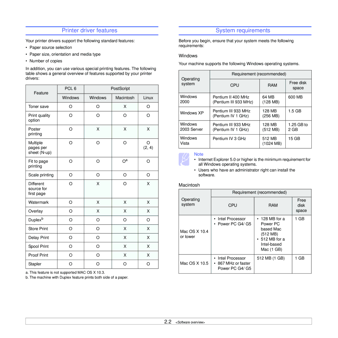 Samsung CLX-8380 manual Printer driver features, System requirements, Windows, Macintosh 