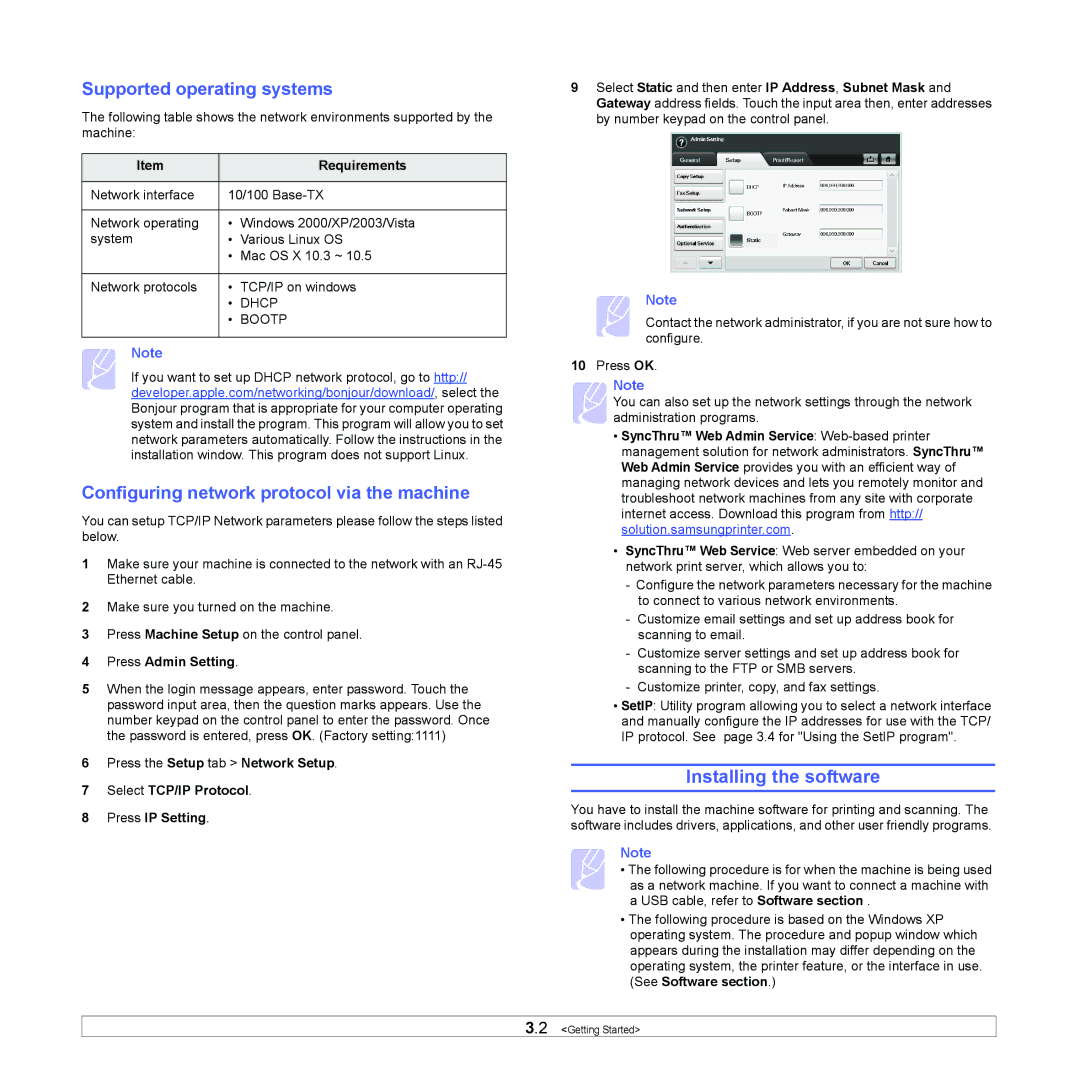 Samsung CLX-8380 manual Installing the software, Supported operating systems, Configuring network protocol via the machine 