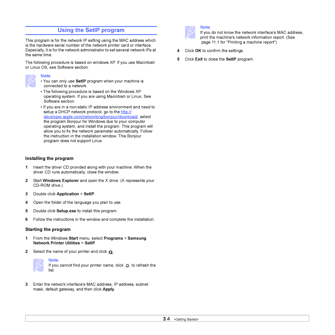 Samsung CLX-8380 Using the SetIP program, Installing the program, Starting the program, Double click Application SetIP 