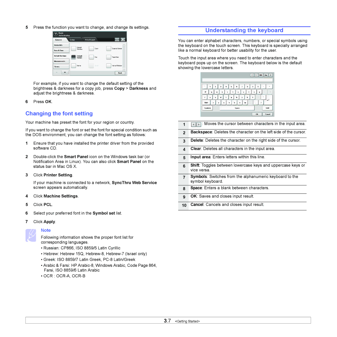 Samsung CLX-8380 Understanding the keyboard, Changing the font setting, Click Printer Setting, Click Machine Settings 