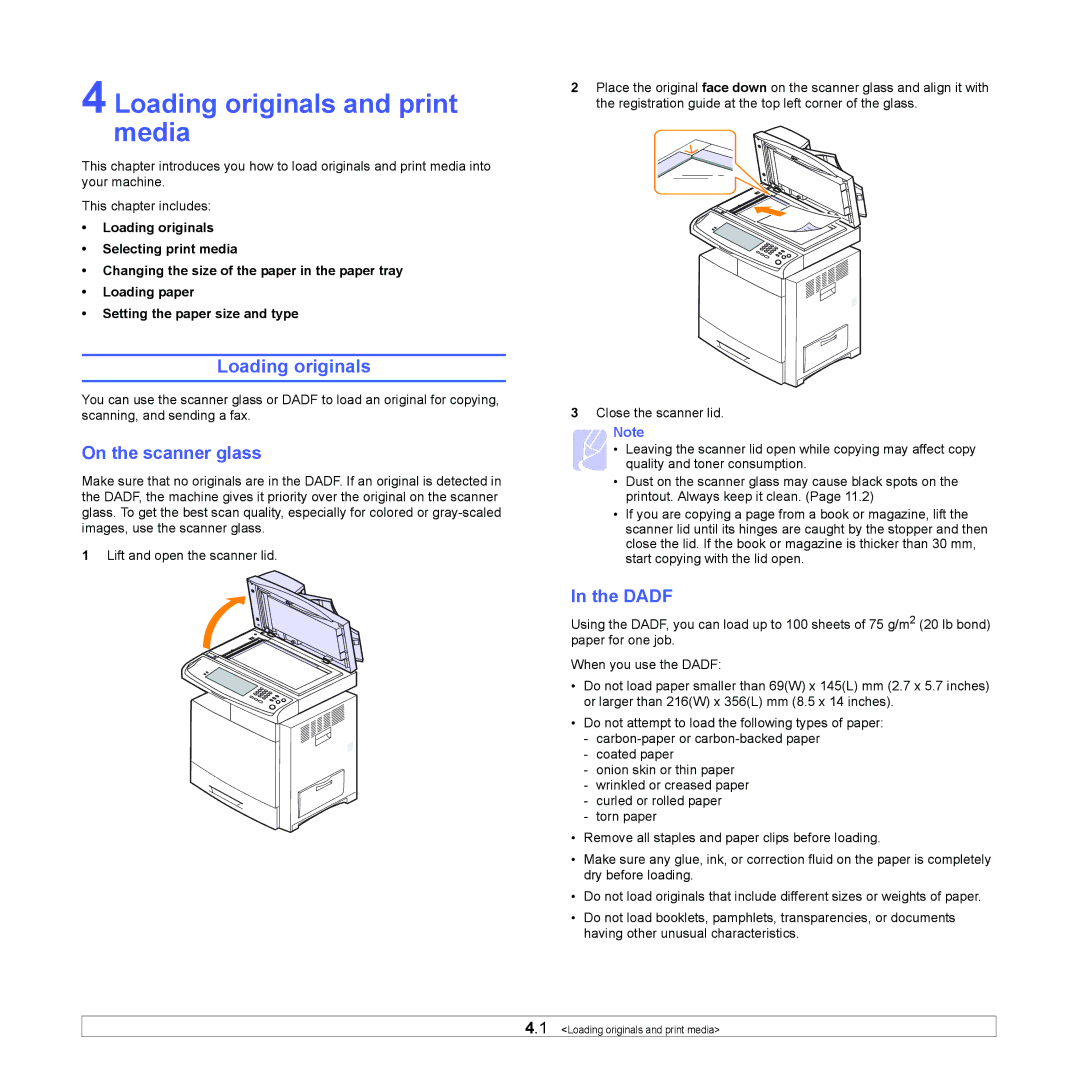 Samsung CLX-8380 manual Loading originals and print media, On the scanner glass, Dadf 