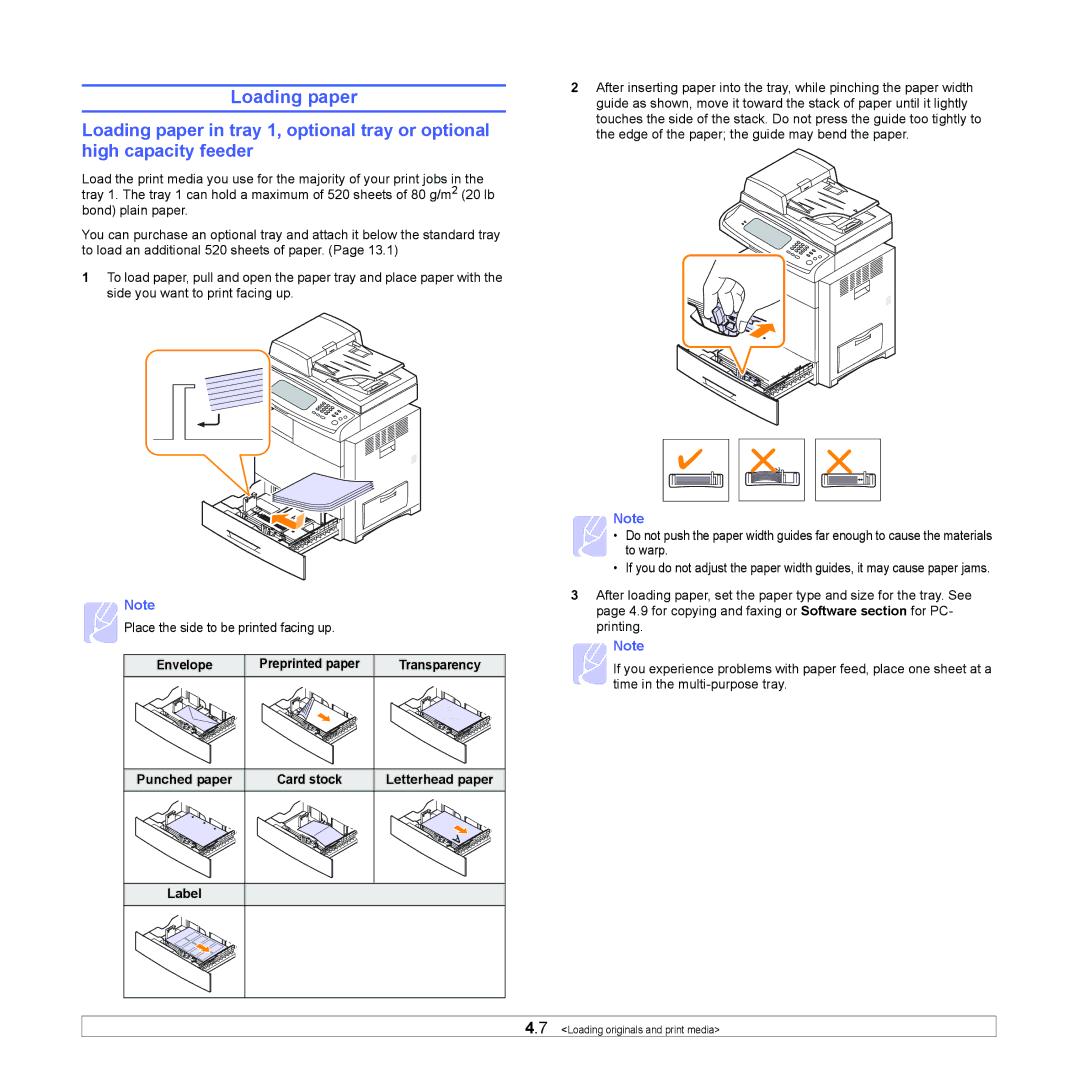 Samsung CLX-8380 manual Loading paper, Punched paper, Label 