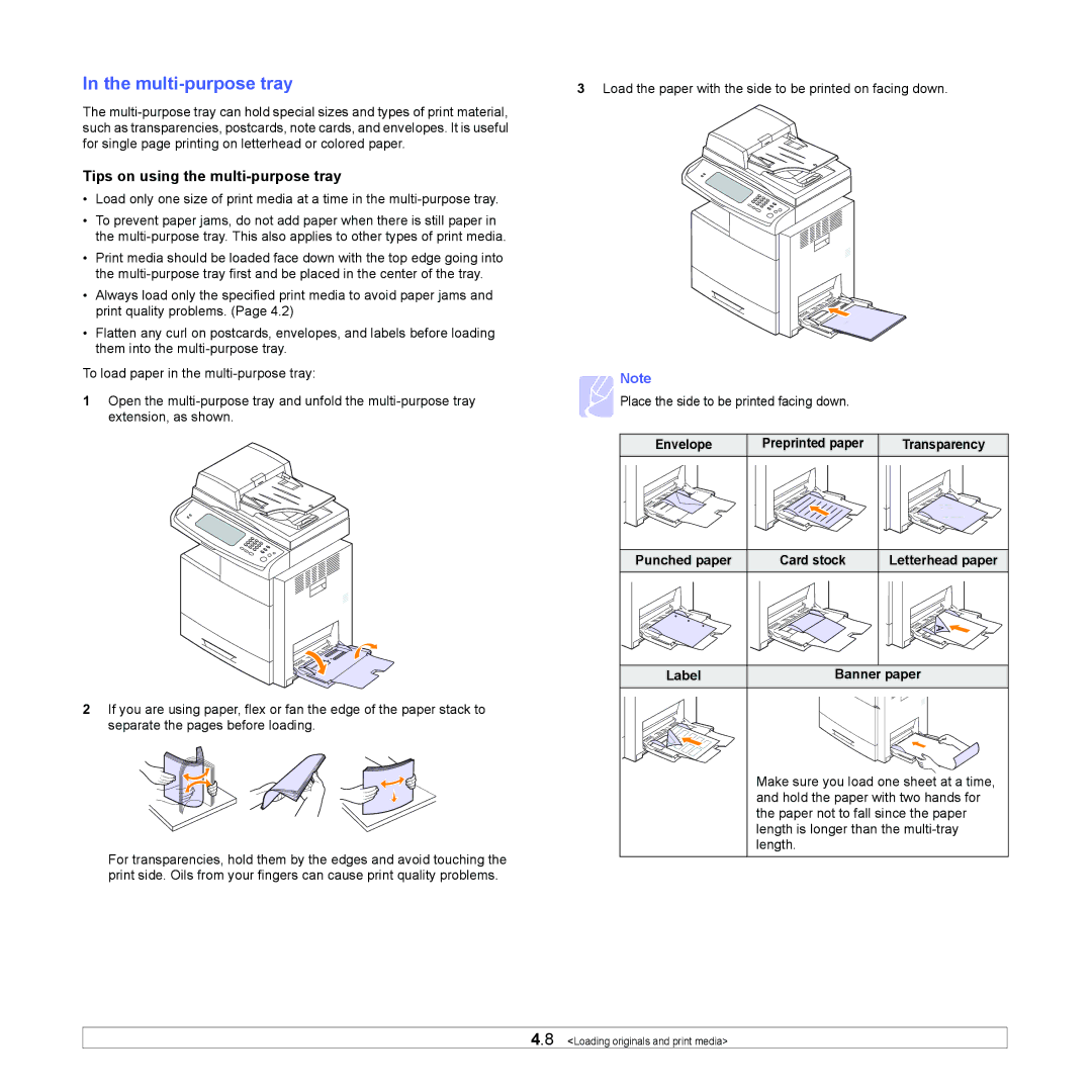 Samsung CLX-8380 manual Multi-purpose tray, Tips on using the multi-purpose tray, Envelope, Label Banner paper 