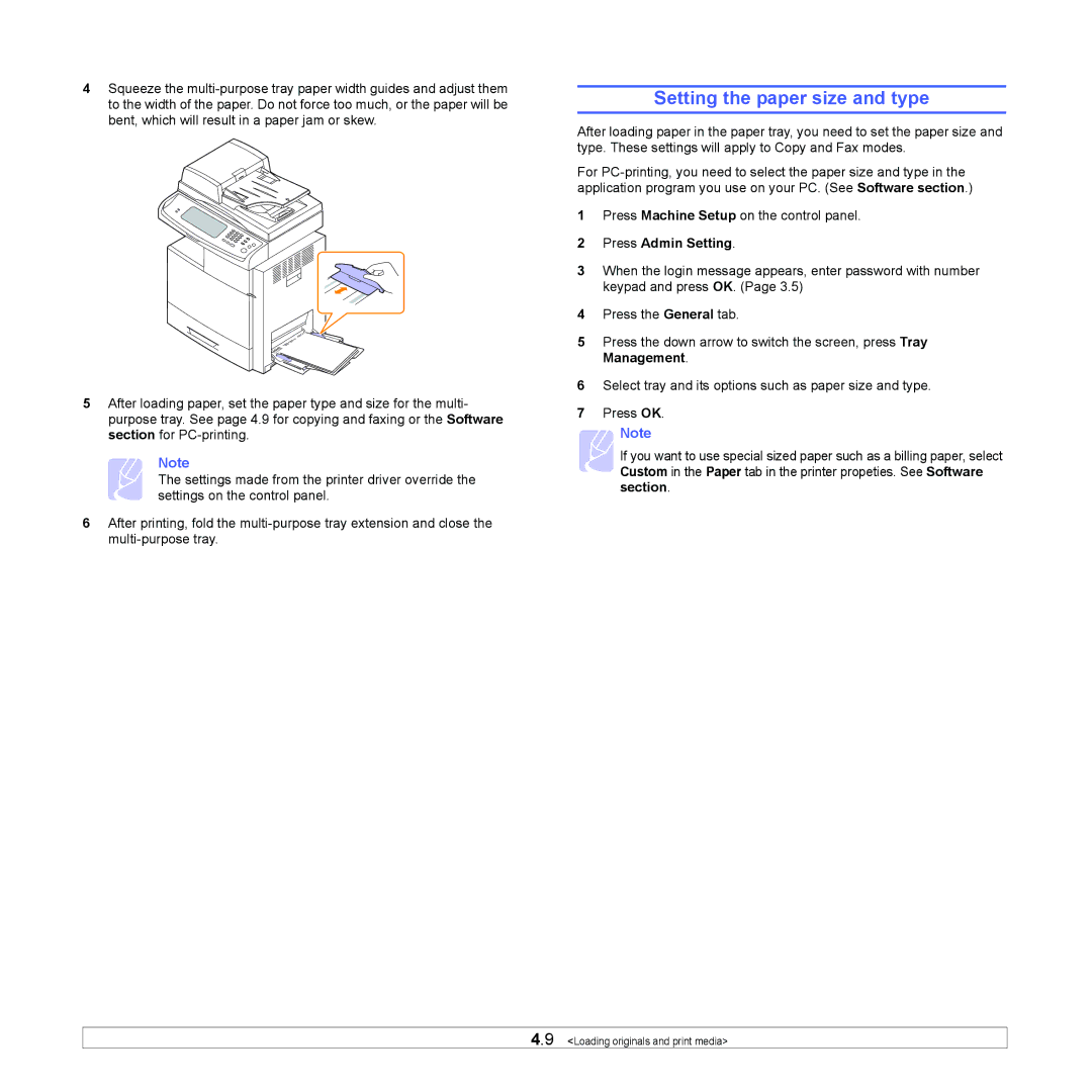 Samsung CLX-8380 manual Setting the paper size and type, Press Admin Setting 