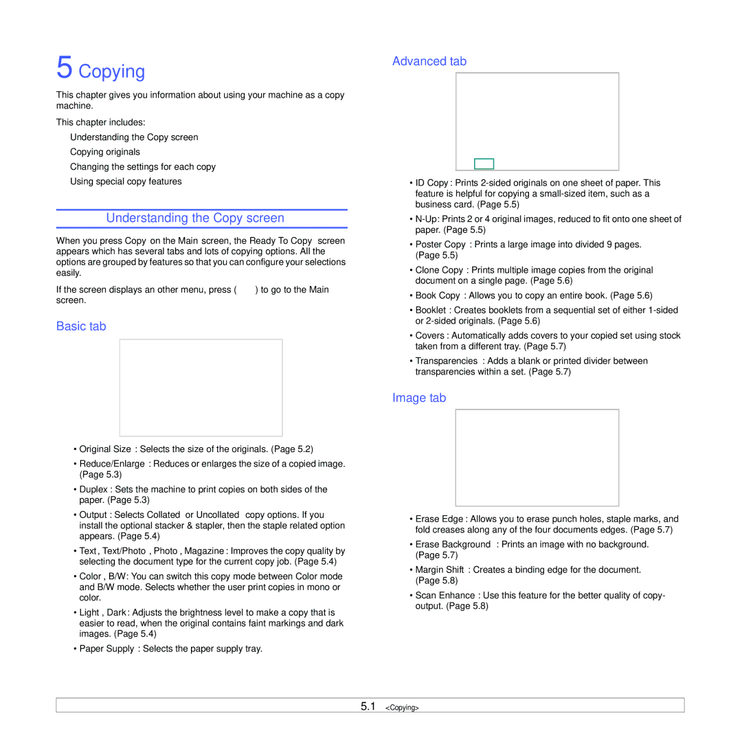 Samsung CLX-8380 manual Copying, Understanding the Copy screen, Basic tab, Advanced tab, Image tab 