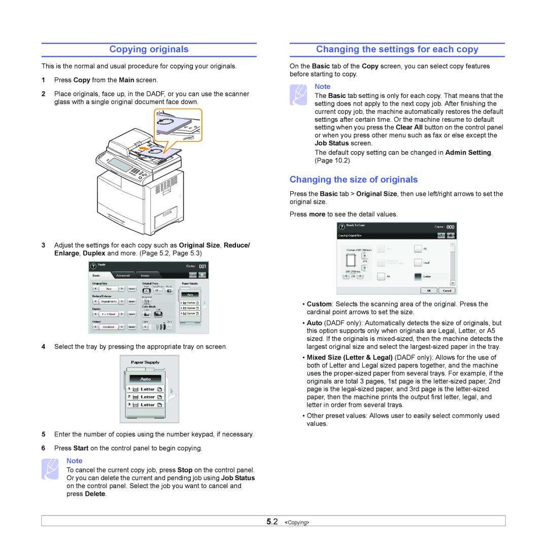 Samsung CLX-8380 manual Copying originals, Changing the settings for each copy, Changing the size of originals 