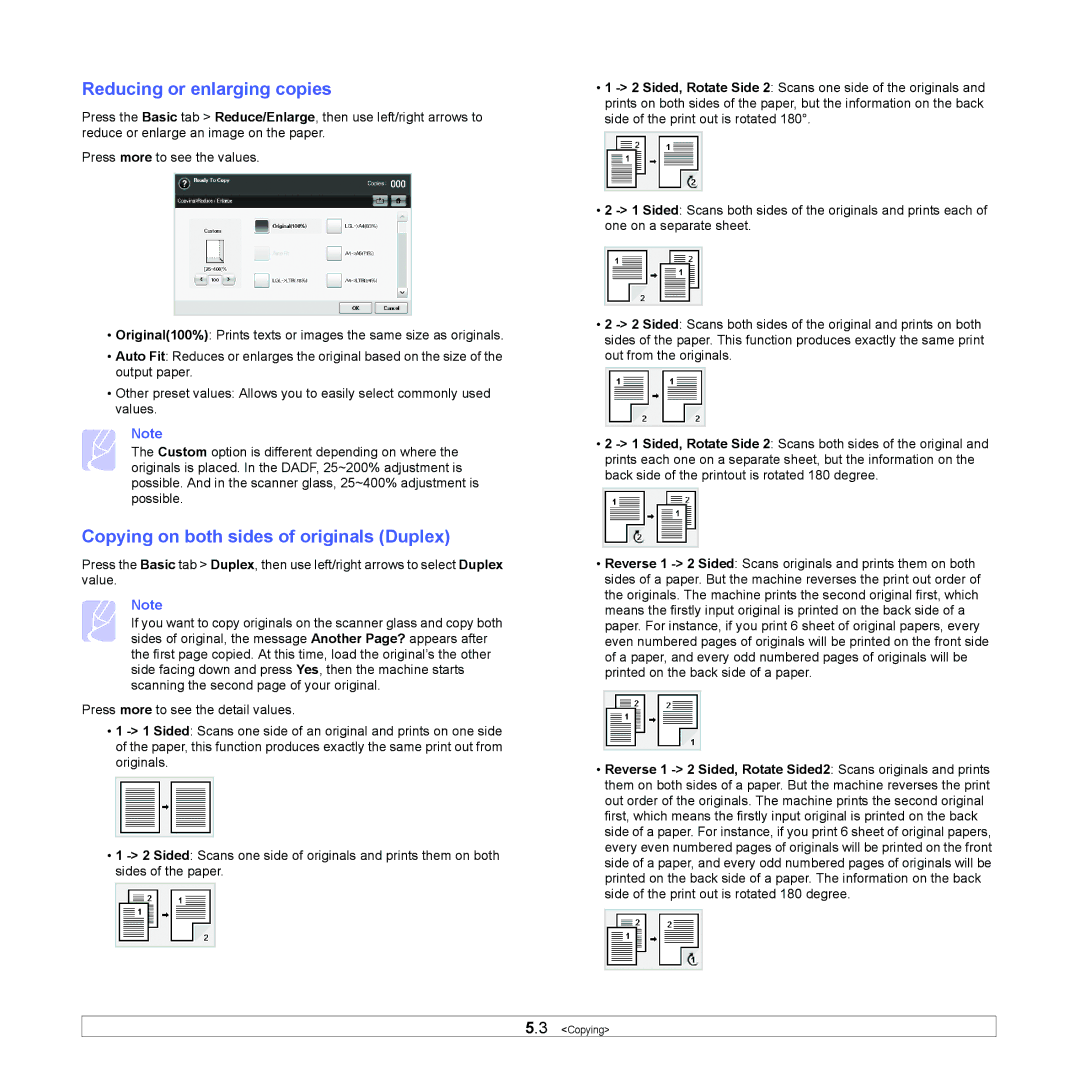 Samsung CLX-8380 manual Reducing or enlarging copies, Copying on both sides of originals Duplex 