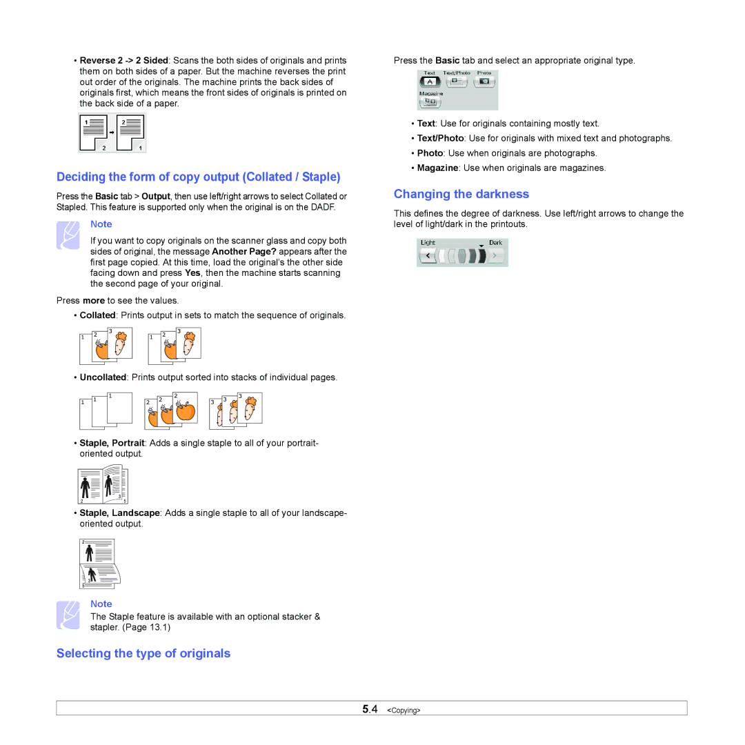 Samsung CLX-8380 manual Deciding the form of copy output Collated / Staple, Selecting the type of originals 