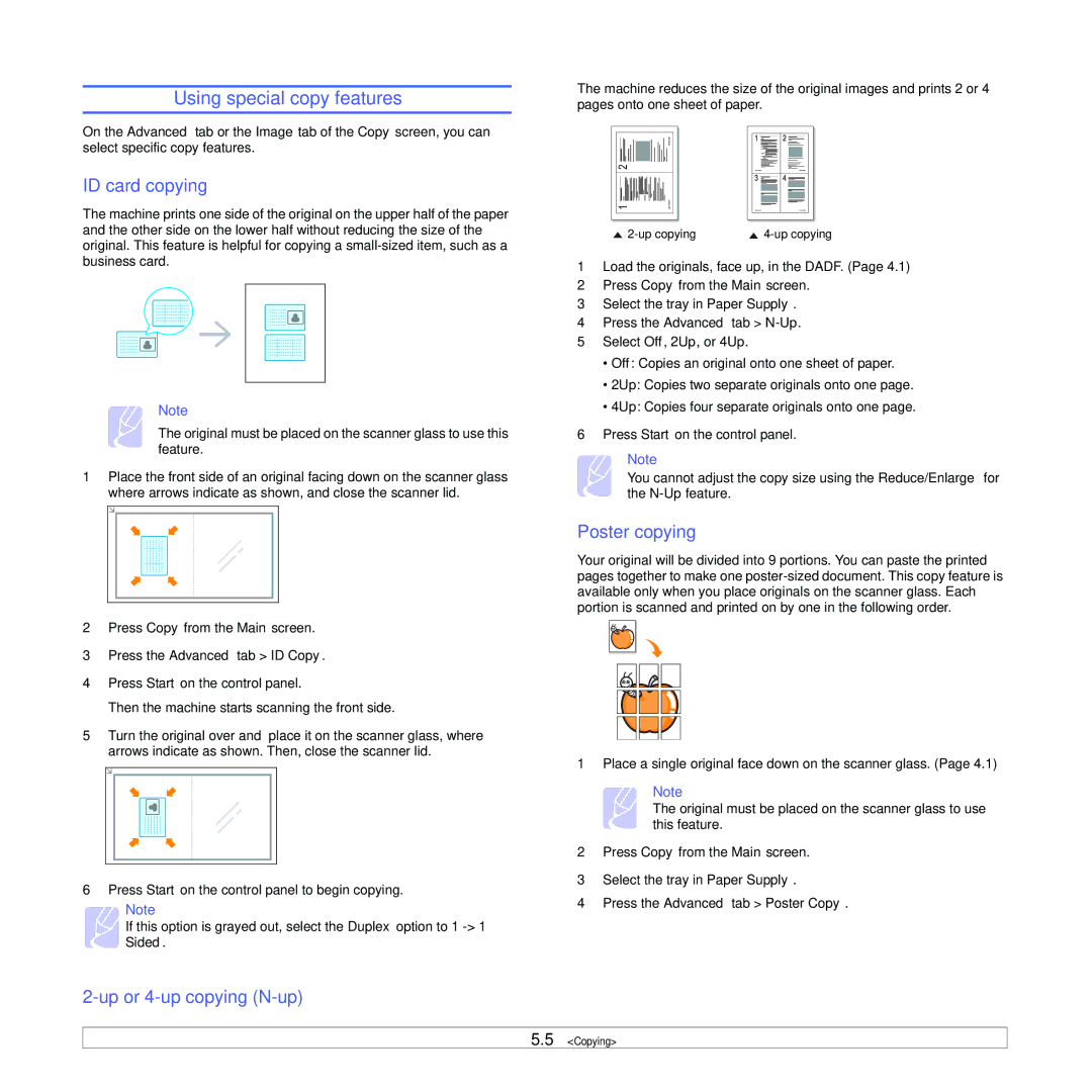 Samsung CLX-8380 manual Using special copy features, ID card copying, Up or 4-up copying N-up, Poster copying 