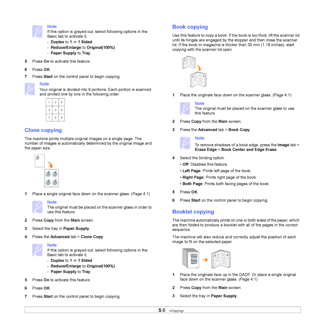 Samsung CLX-8380 manual Clone copying, Book copying, Booklet copying, Press the Advanced tab Clone Copy 