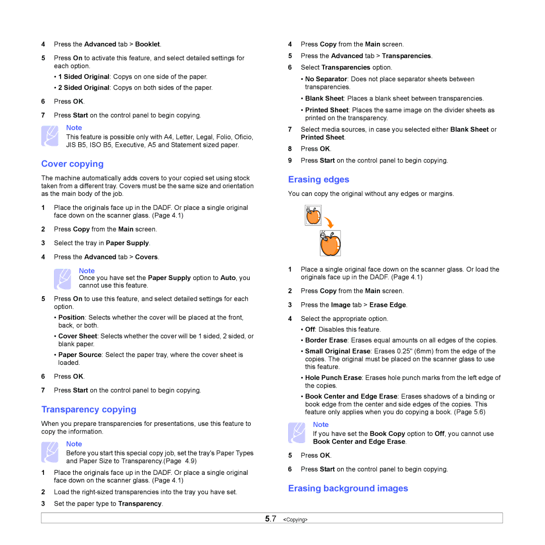 Samsung CLX-8380 manual Cover copying, Transparency copying, Erasing edges, Erasing background images 