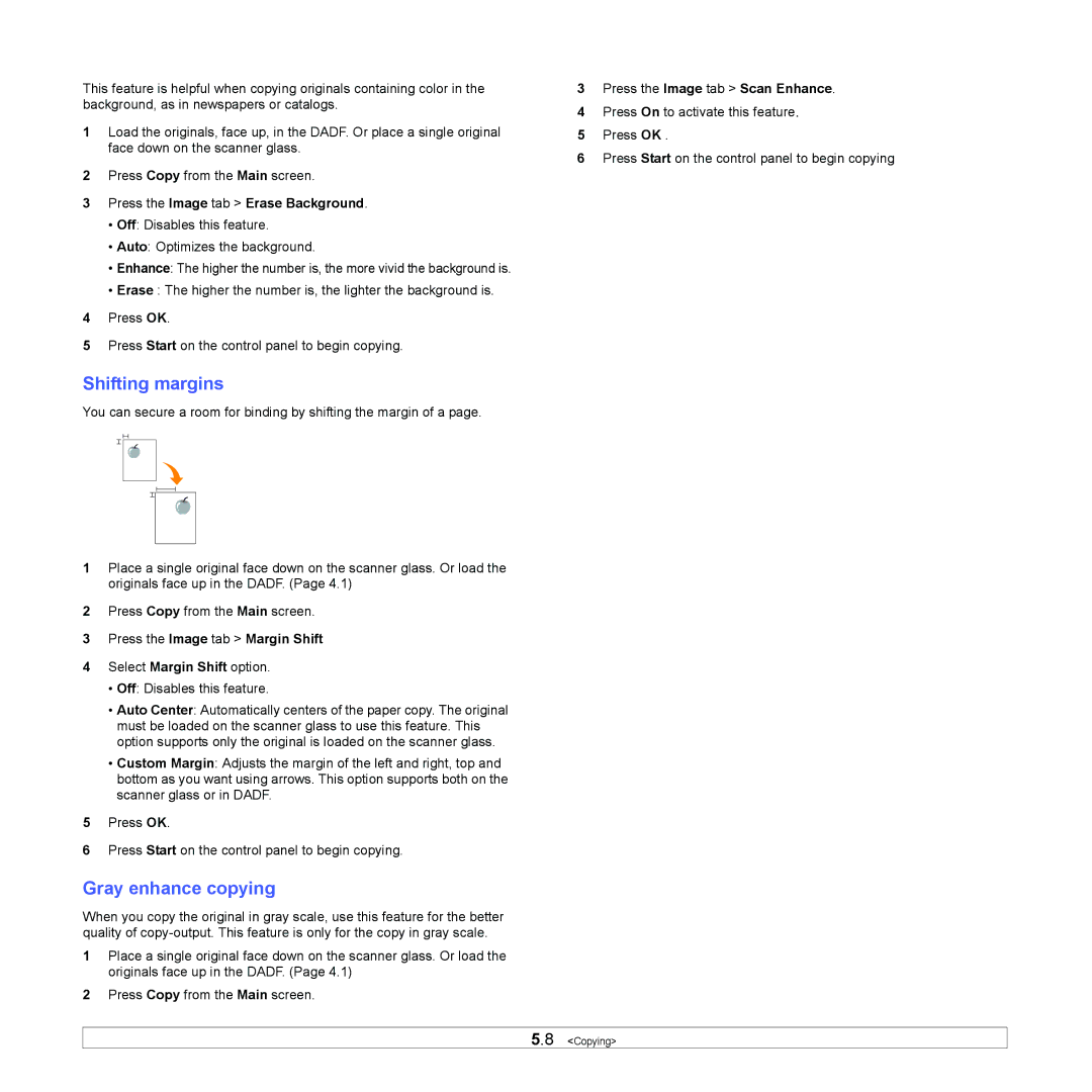 Samsung CLX-8380 manual Shifting margins, Gray enhance copying, Press the Image tab Erase Background 