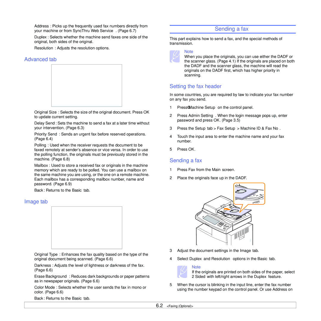 Samsung CLX-8380 manual Sending a fax, Setting the fax header, Press the Setup tab Fax Setup Machine ID & Fax No 