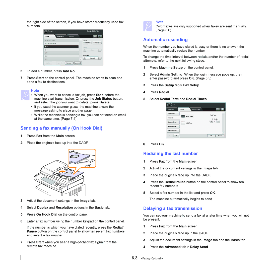 Samsung CLX-8380 Sending a fax manually On Hook Dial, Automatic resending, Redialing the last number 