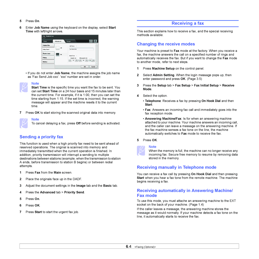 Samsung CLX-8380 Receiving a fax, Sending a priority fax, Changing the receive modes, Receiving manually in Telephone mode 