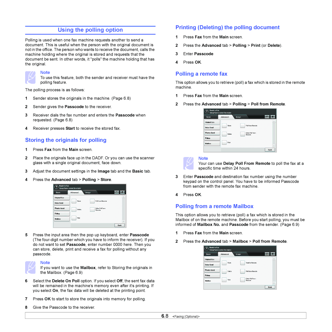 Samsung CLX-8380 manual Using the polling option, Storing the originals for polling, Printing Deleting the polling document 