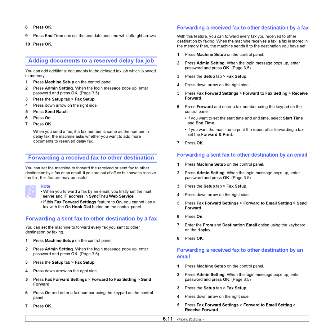 Samsung CLX-8380 manual Adding documents to a reserved delay fax job, Forwarding a received fax to other destination 