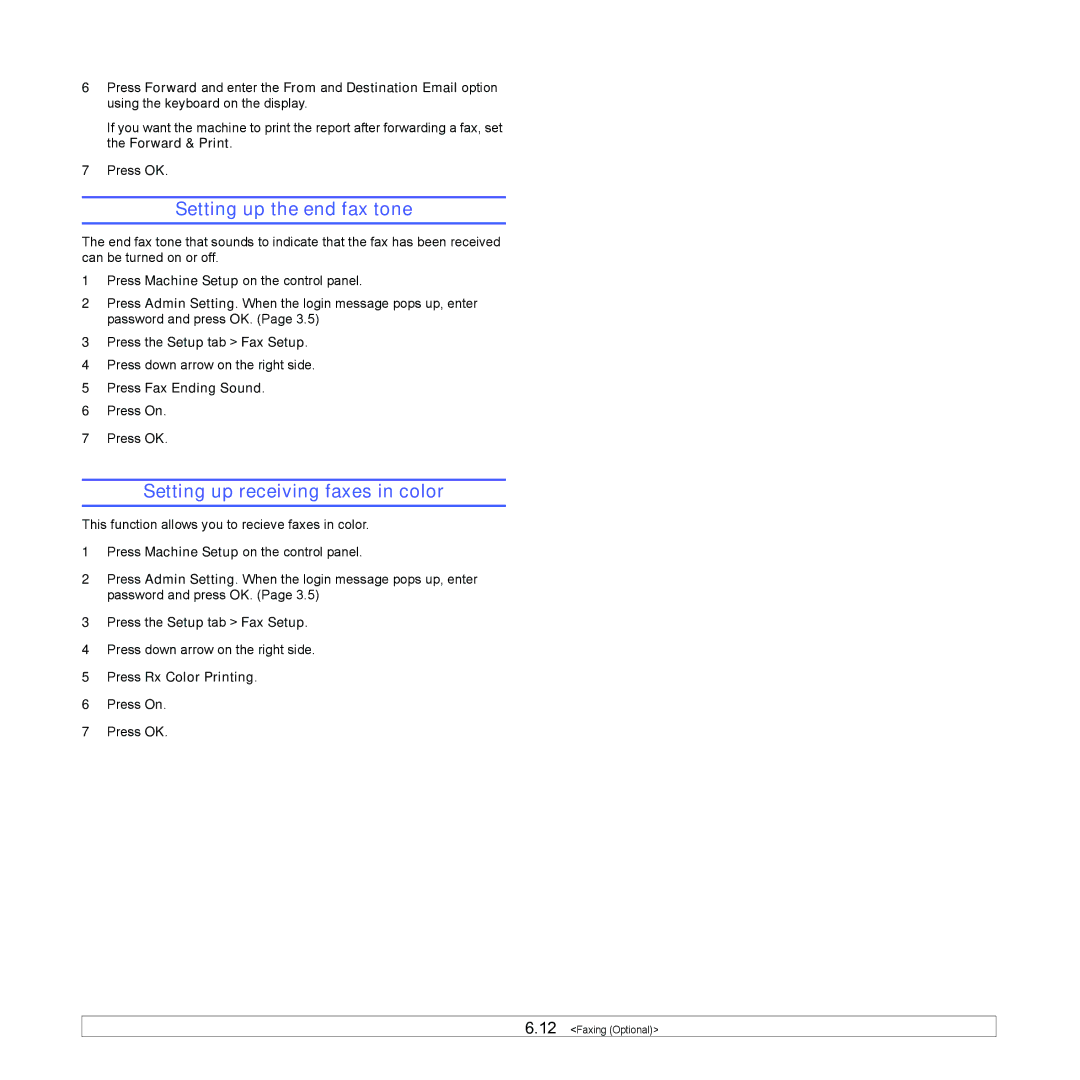 Samsung CLX-8380 manual Setting up the end fax tone, Setting up receiving faxes in color, Press Fax Ending Sound 