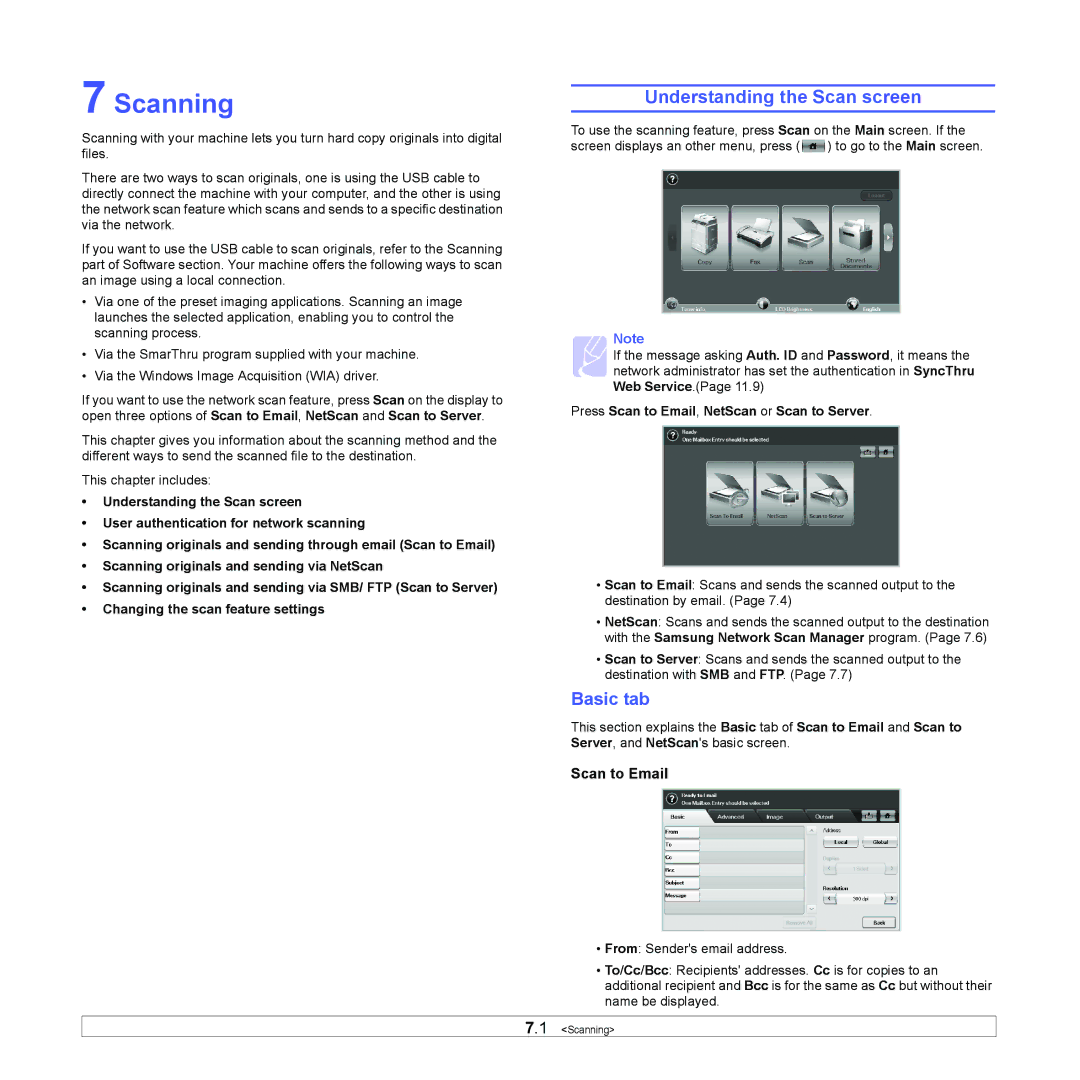 Samsung CLX-8380 manual Scanning, Understanding the Scan screen, Press Scan to Email, NetScan or Scan to Server 