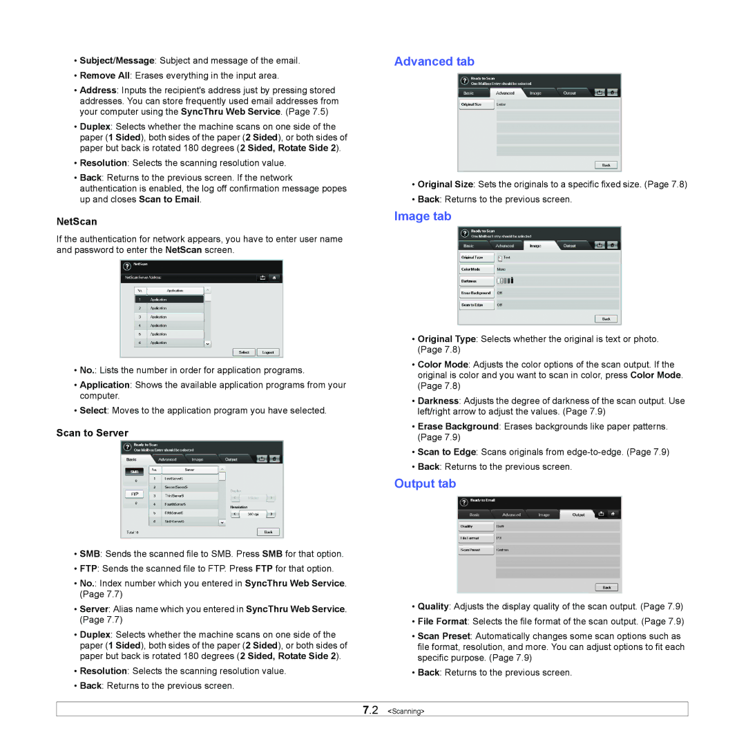 Samsung CLX-8380 manual Output tab, NetScan, Scan to Server 