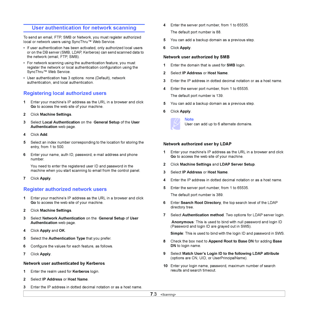 Samsung CLX-8380 manual User authentication for network scanning, Registering local authorized users 