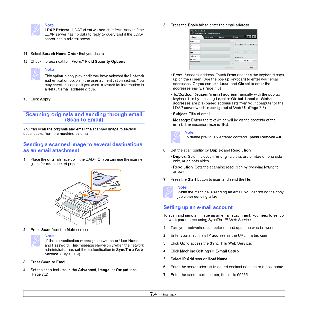 Samsung CLX-8380 manual Scanning originals and sending through email Scan to Email, Setting up an e-mail account 