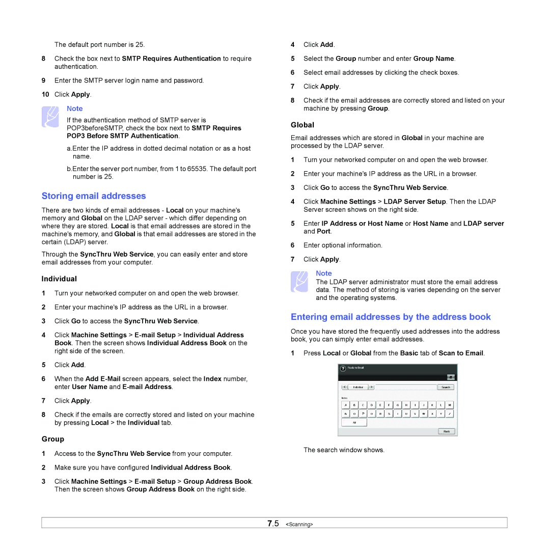 Samsung CLX-8380 manual Storing email addresses, Entering email addresses by the address book, Individual, Group, Global 