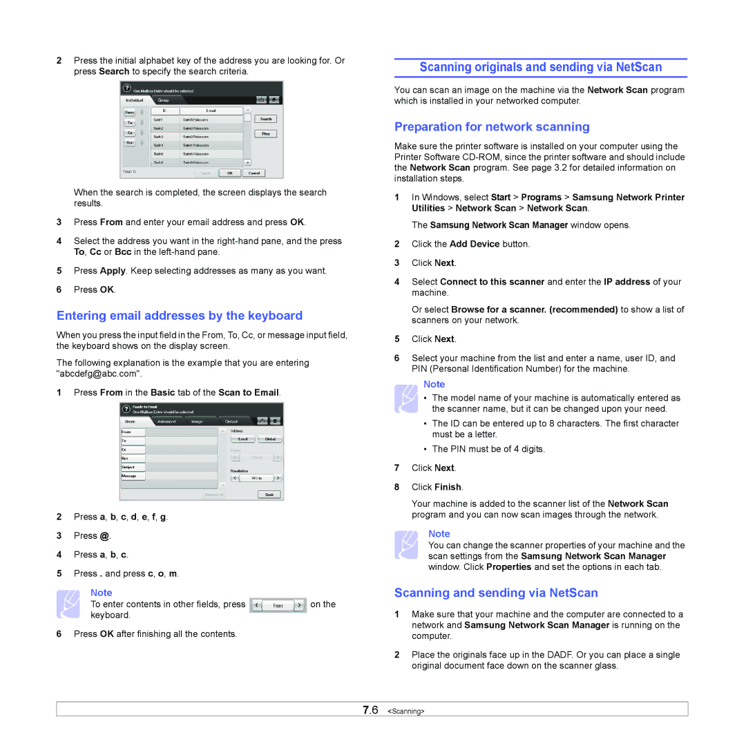 Samsung CLX-8380 manual Scanning originals and sending via NetScan, Entering email addresses by the keyboard 