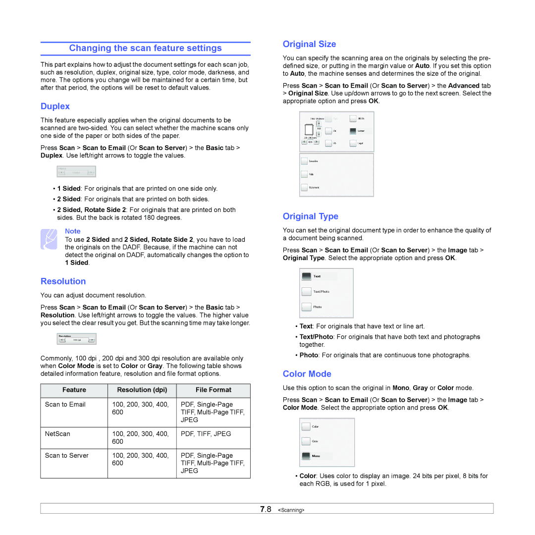 Samsung CLX-8380 manual Changing the scan feature settings, Original Size, Feature Resolution dpi File Format 