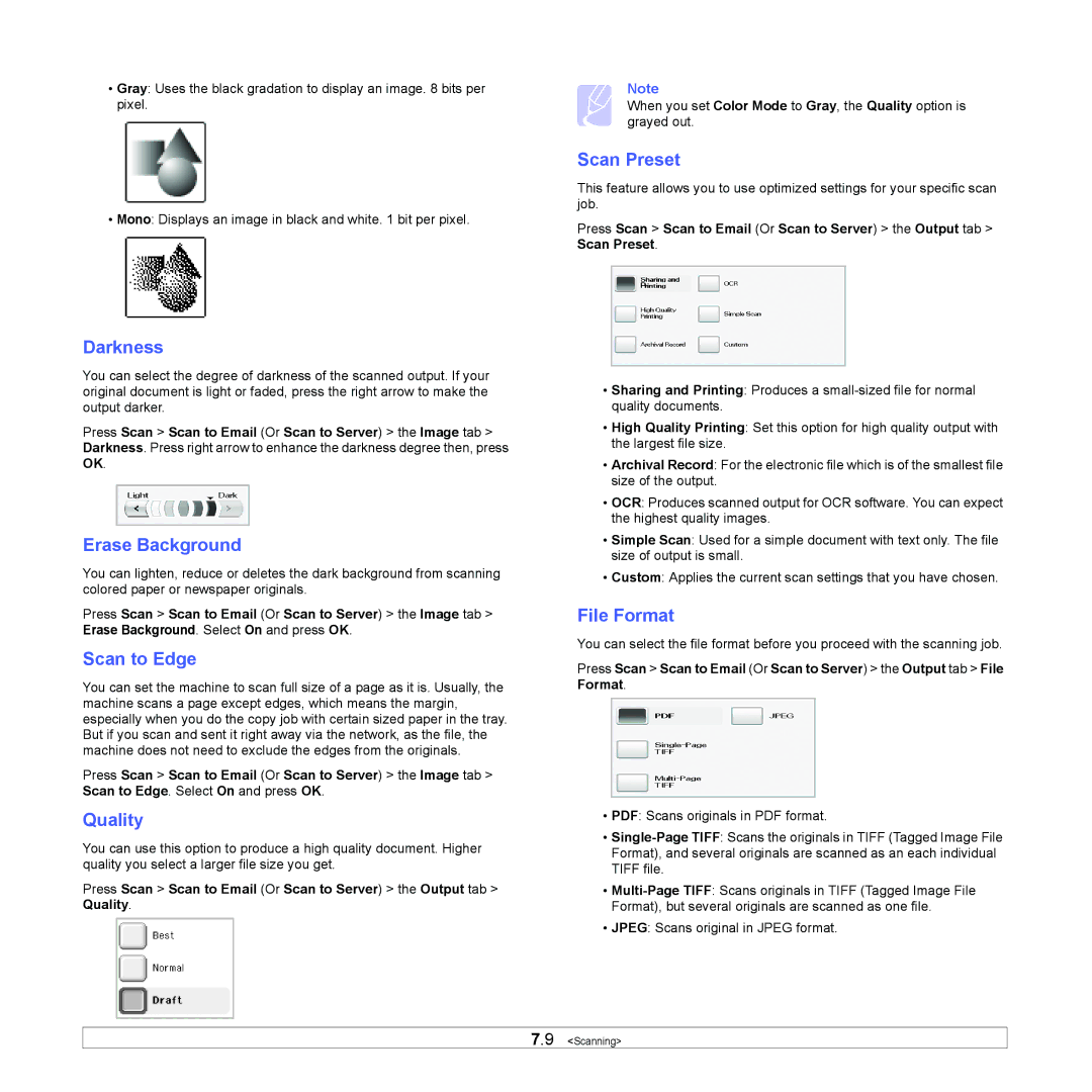 Samsung CLX-8380 manual Scan to Edge, Quality, Scan Preset, File Format 