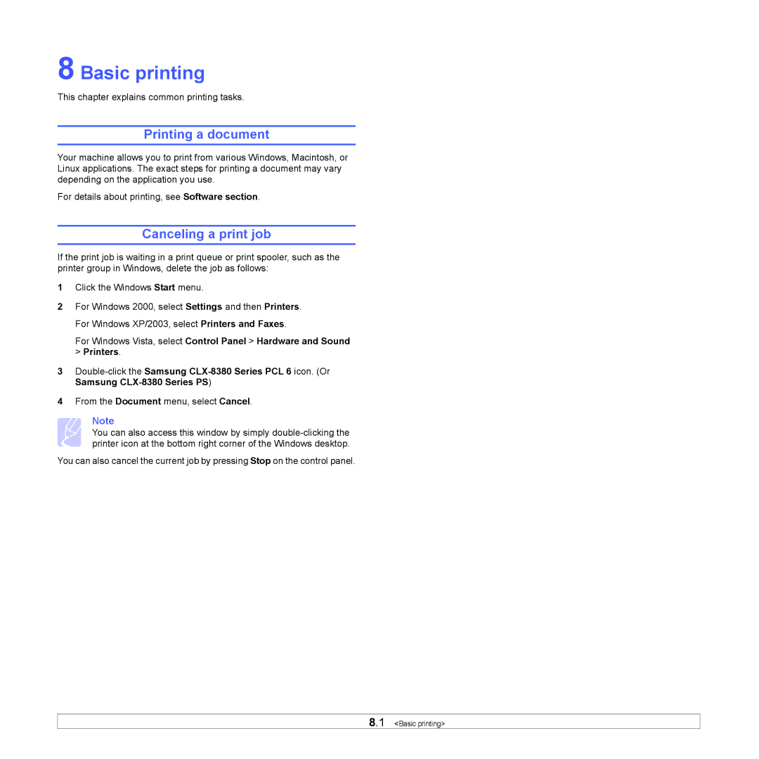 Samsung CLX-8380 manual Basic printing, Printing a document, Canceling a print job 