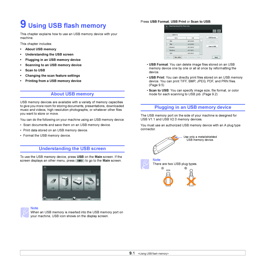 Samsung CLX-8380 Using USB flash memory, About USB memory, Understanding the USB screen, Plugging in an USB memory device 