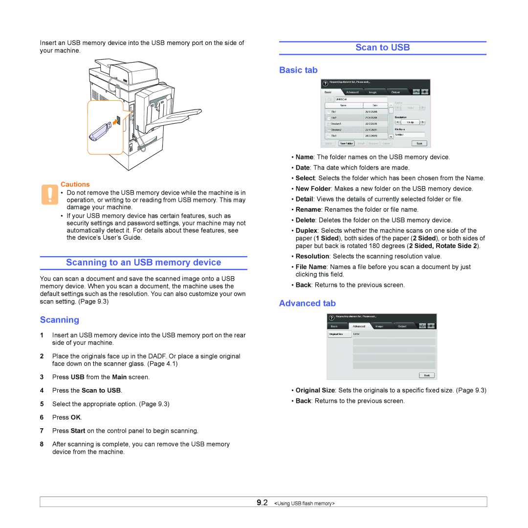 Samsung CLX-8380 manual Scan to USB, Scanning to an USB memory device 