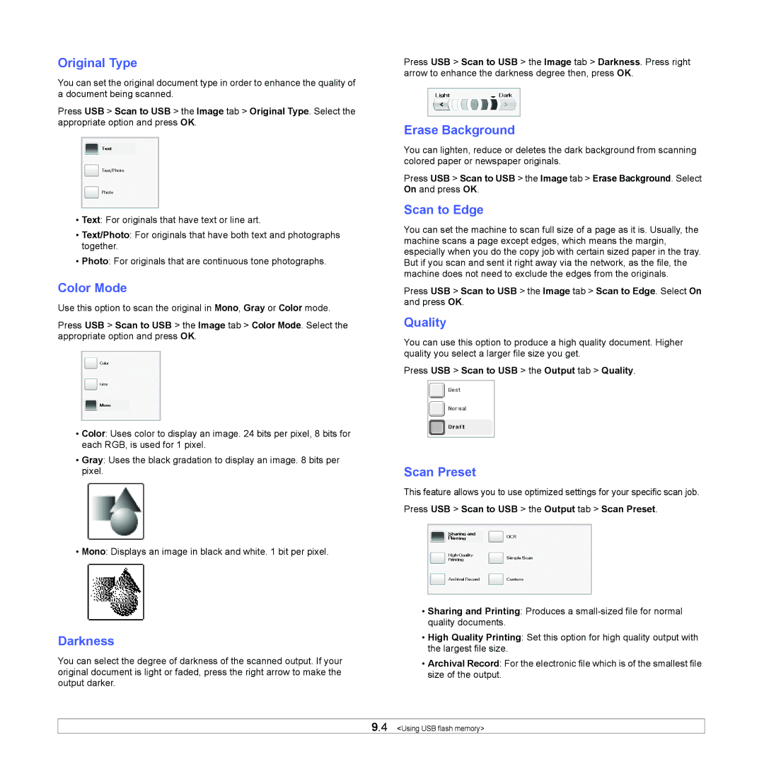 Samsung CLX-8380 manual Press USB Scan to USB the Output tab Quality, Press USB Scan to USB the Output tab Scan Preset 