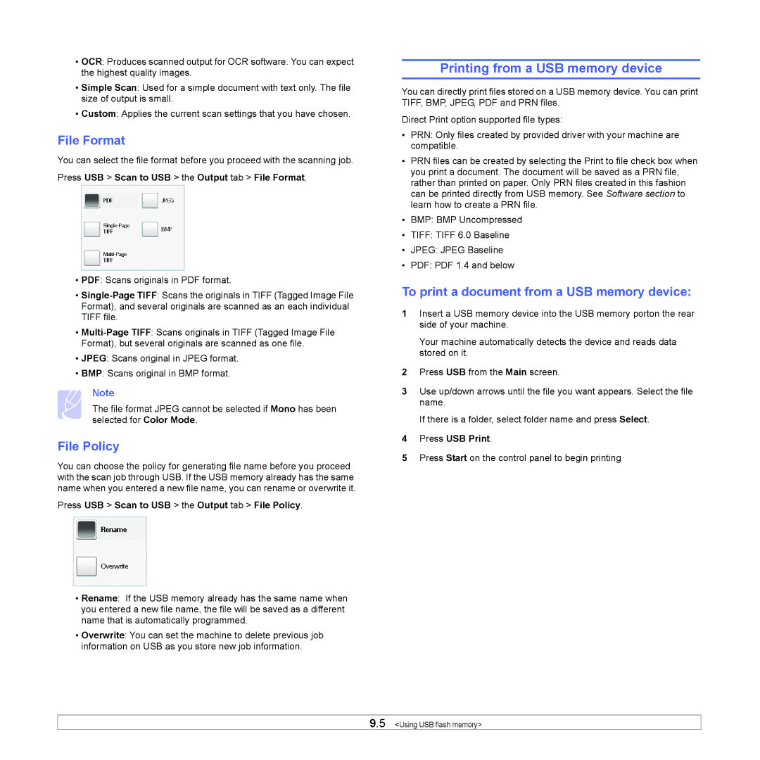 Samsung CLX-8380 manual Printing from a USB memory device, File Policy, To print a document from a USB memory device 