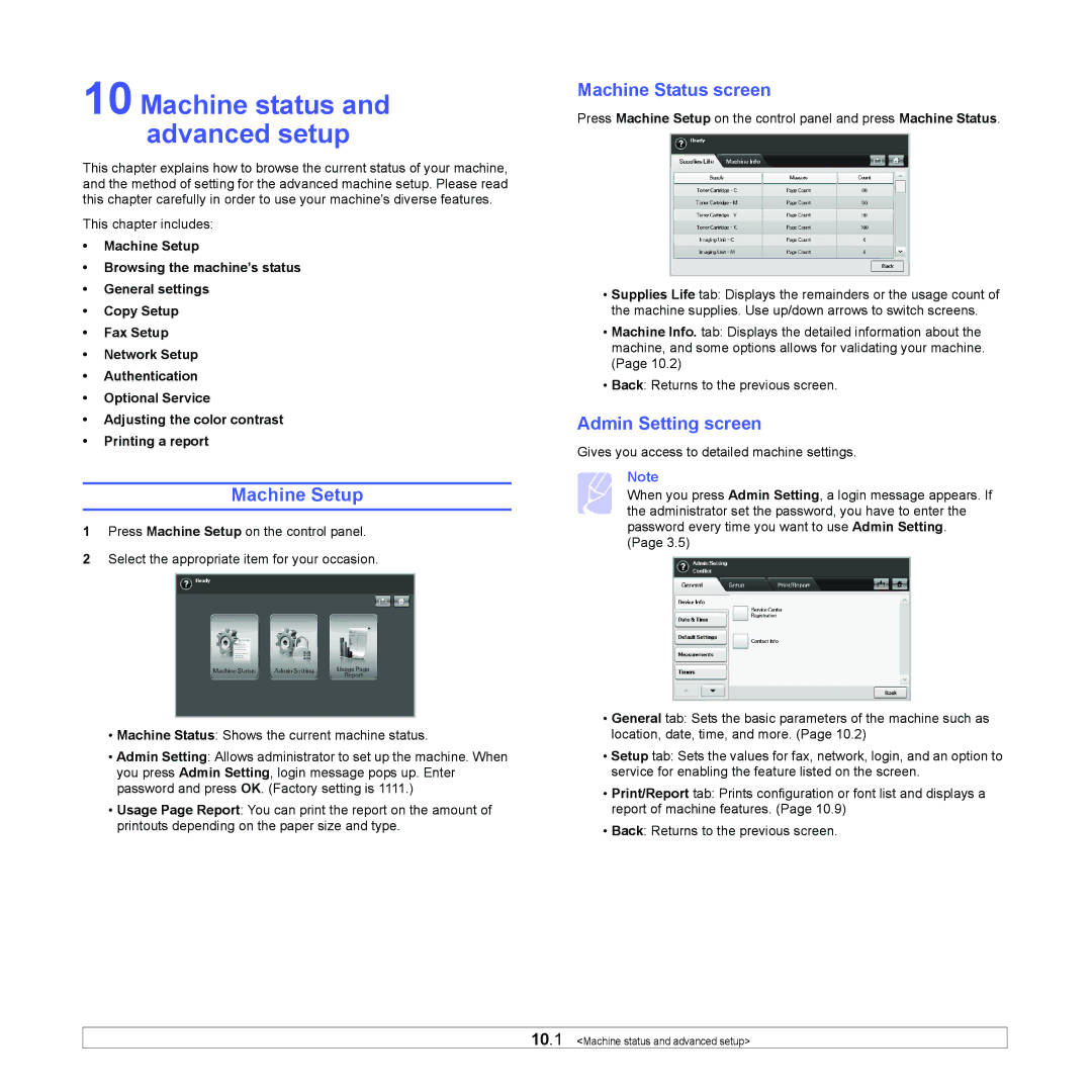 Samsung CLX-8380 manual Machine Setup, Machine Status screen, Admin Setting screen 