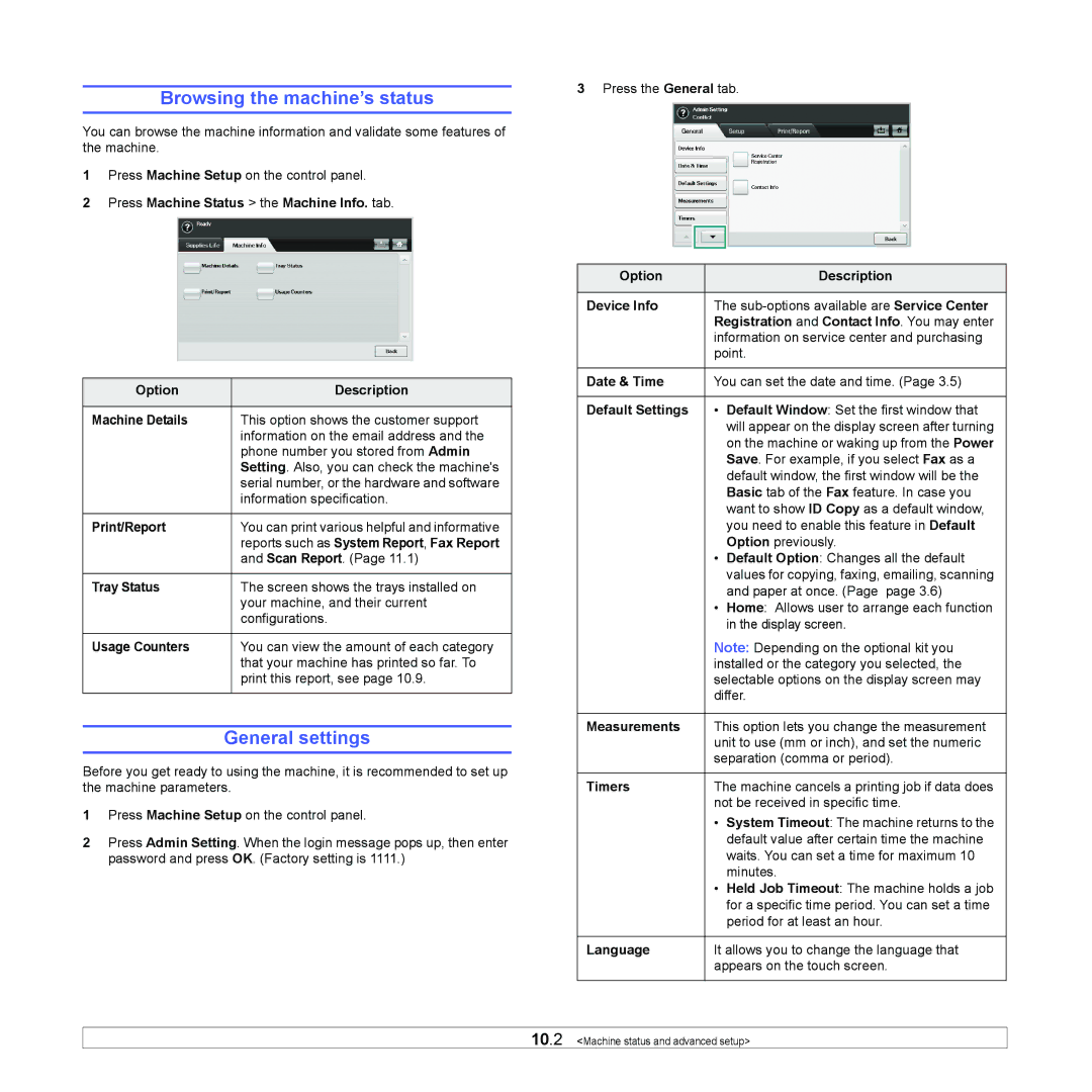 Samsung CLX-8380 manual Browsing the machine’s status, General settings 