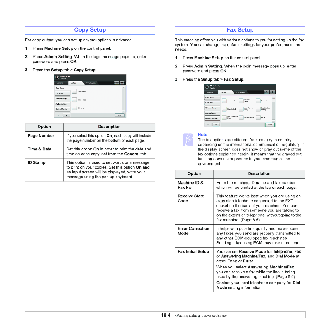 Samsung CLX-8380 manual Copy Setup, Fax Setup 