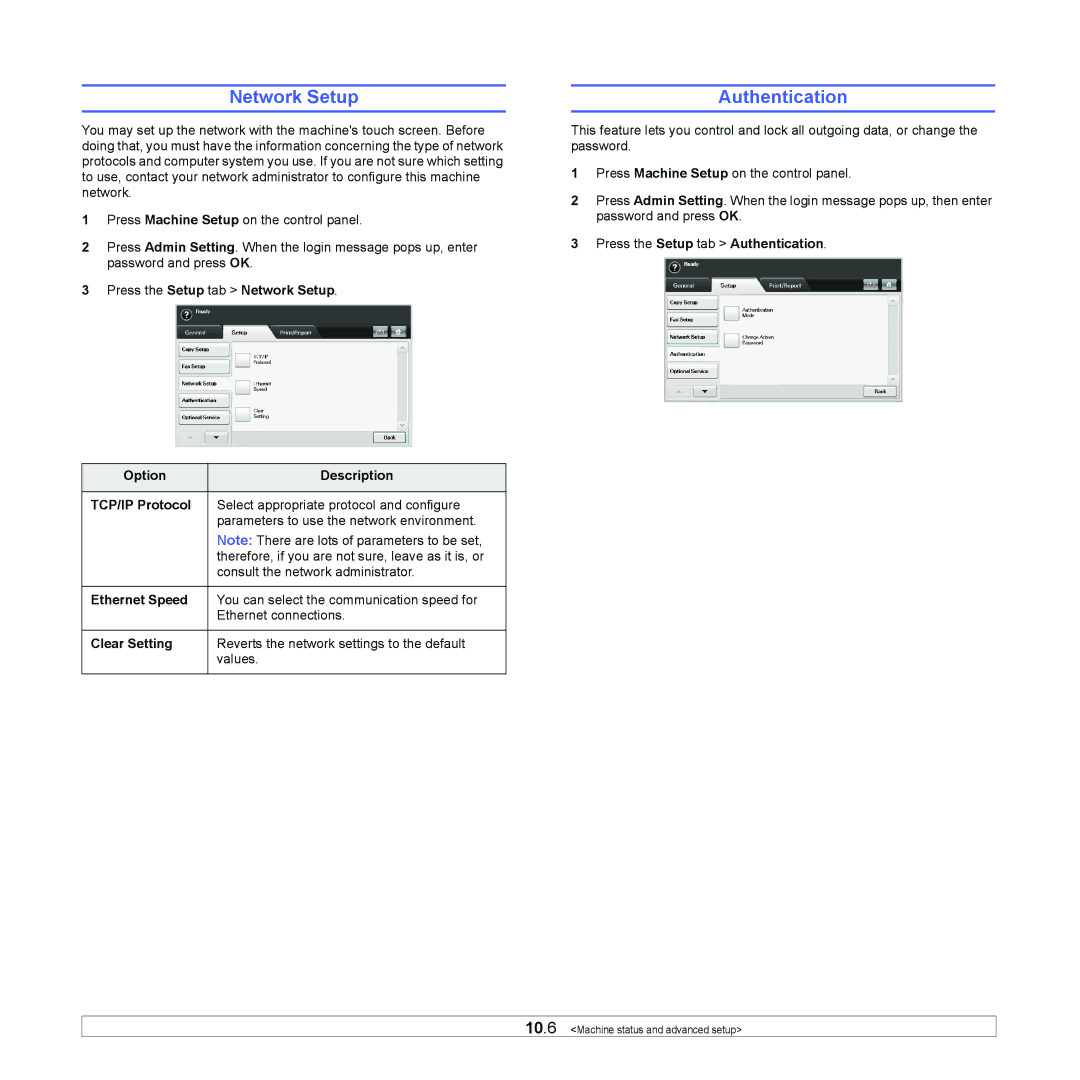 Samsung CLX-8380 manual Network Setup, Ethernet Speed, Clear Setting, Press the Setup tab Authentication 