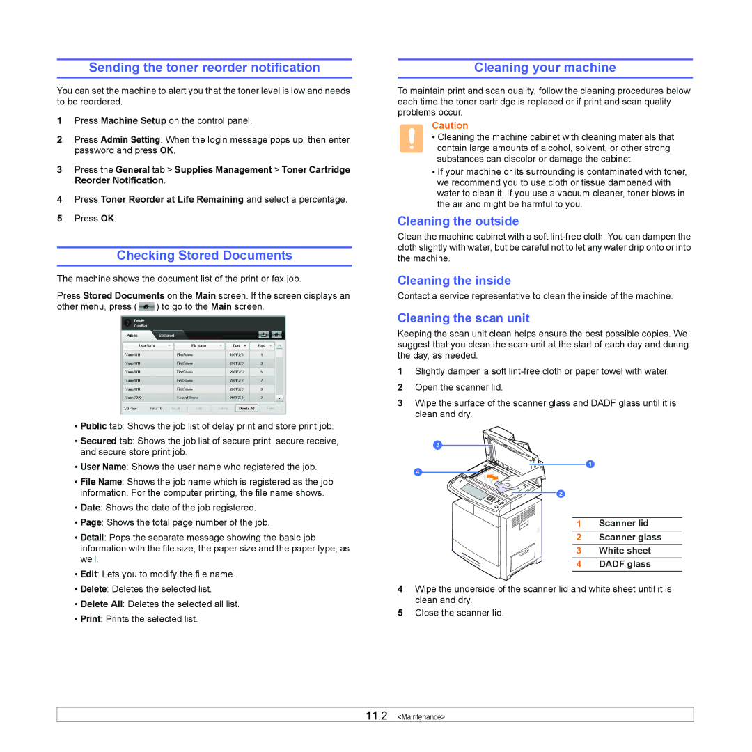 Samsung CLX-8380 manual Sending the toner reorder notification, Checking Stored Documents, Cleaning your machine 